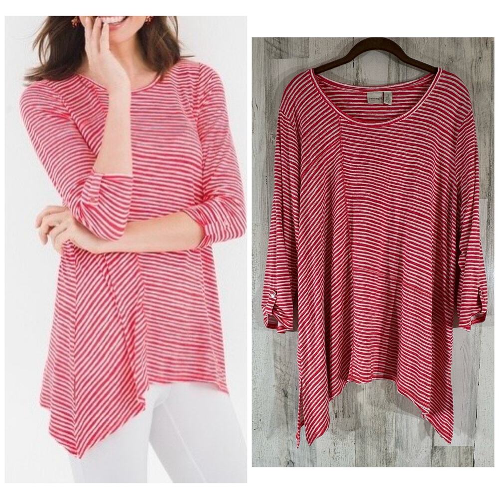 Chicos Zenergy Asymmetrical Top Size 3 or Large Coral Pink Stripe 3/4 Sleeve